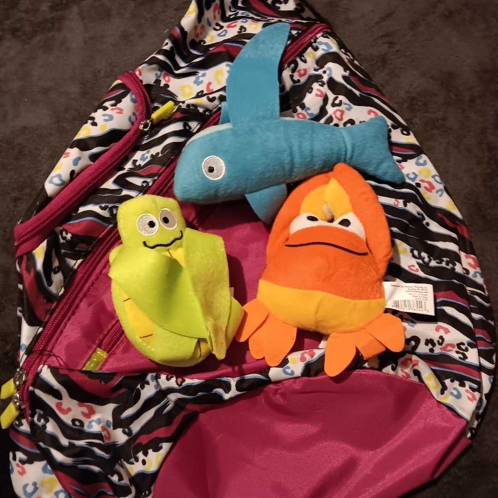 Girls bookbag with 3 fun smaller stuffed animals.